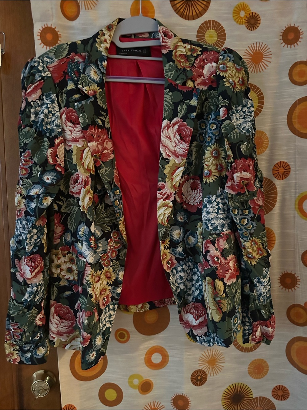 Zara Floral Blazer Jacket in Black with Red Lining